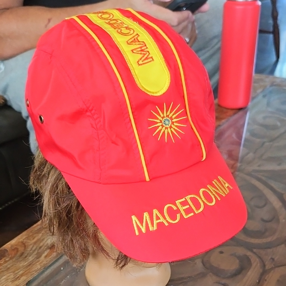 Macedonia Red Nylon Yellow Embroidered MACEDONIA Sun Logo Cycling Cap Hat